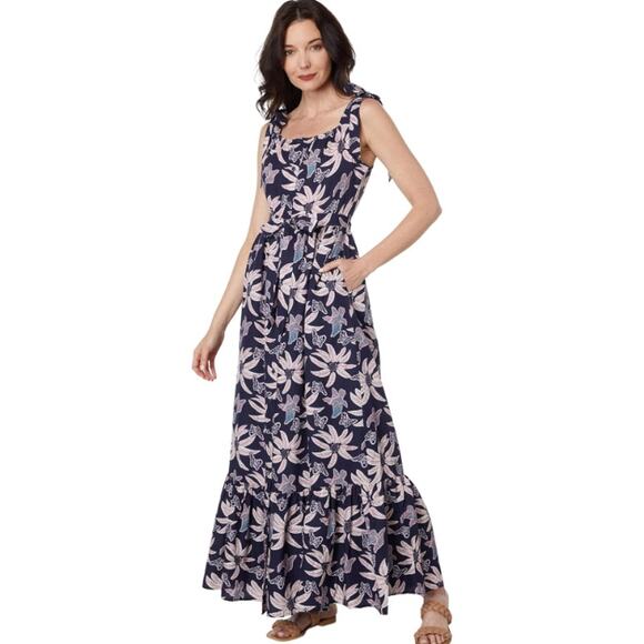 Outerknown Leighton Maxi Dress Floral Tiered Dark Navy Multicolor Catalina Small - Picture 1 of 5